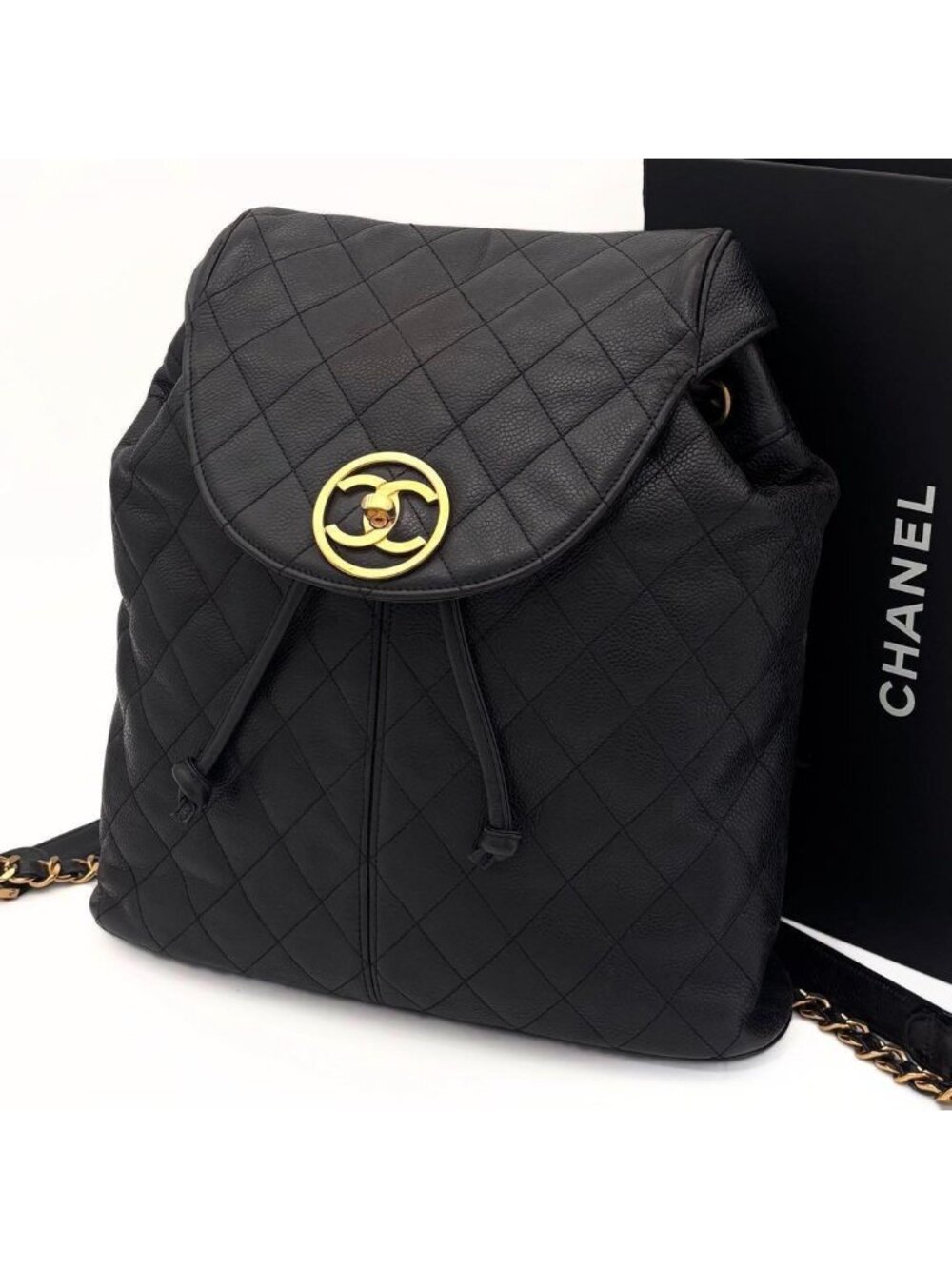 Chanel Quilted Caviar Leather Chain Backpack Black